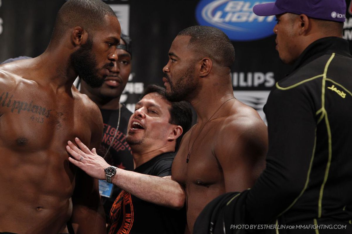 Jon Jones (left) and Rashad Evans have to be separated after going nose-to-nose at the UFC 145 weigh-in event that took place on Fri., April 20, 2012, at the Philips Arena in Atlanta, Georgia. Photo by Esther Lin via MMAFighting.com. 