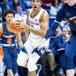 Brigham Young Cougars guard Blaze Nield (3) looks to pass the ball in Provo on Thursday, Jan. 30, 2020. BYU defeated the Pepperdine Waves 107-80.