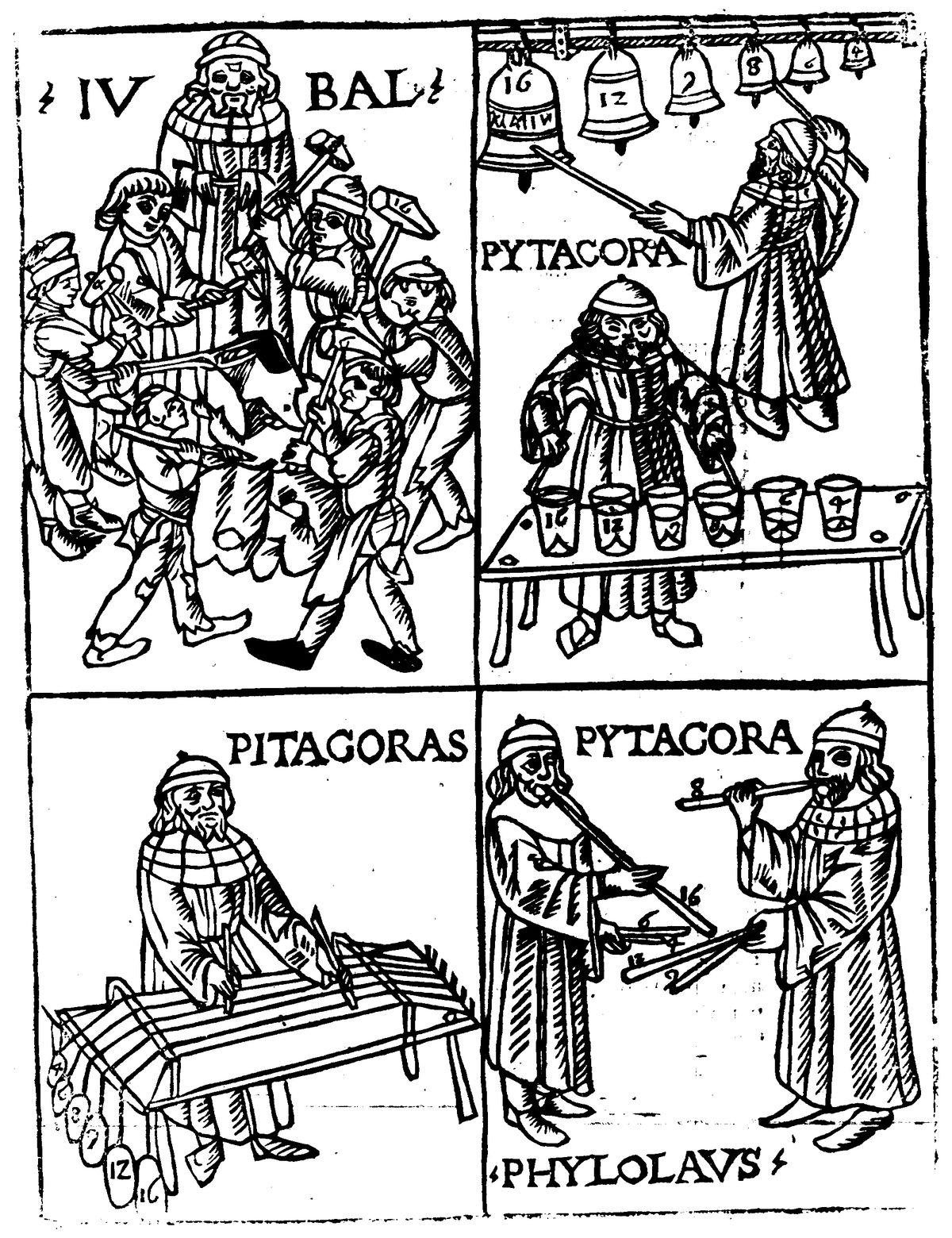 Woodcut showing Pythagoras with bells, a glass harmonica, a monochord, and organ pipes, from&nbsp;Theorica musicae&nbsp;by Franchino Gaffurio, 1492