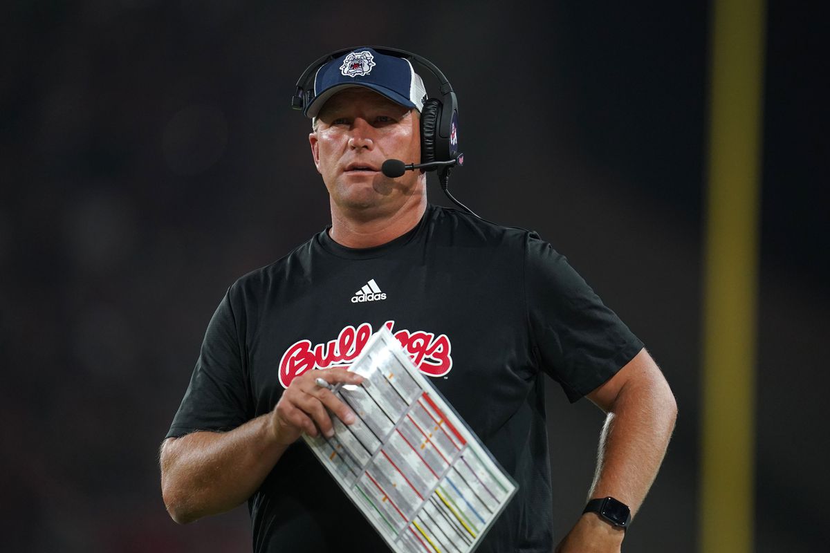 Fresno State Bulldogs head coach Kalen Deboer stands on the sideline against the UNLV Rebels in the fourth quarter at Bulldog Stadium.