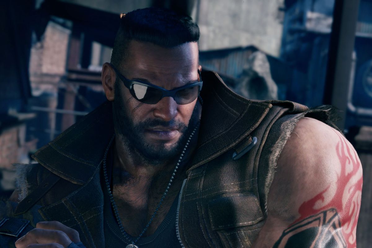 A closeup of the character Barret from Final Fantasy 7 Remake