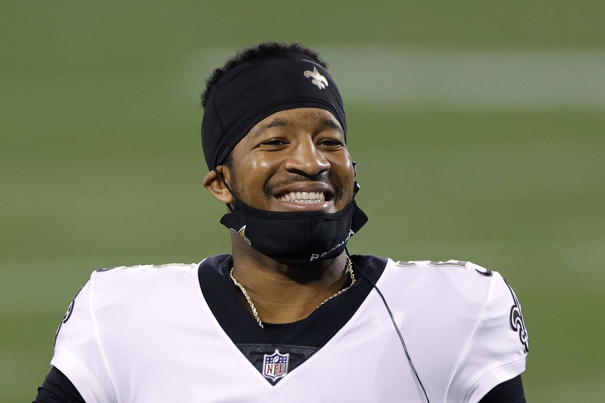 Quarterback Jameis Winston #2 of the New Orleans Saints shares a smile during the second half of their game against the Carolina Panthers at Bank of America Stadium on January 03, 2021 in Charlotte, North Carolina.