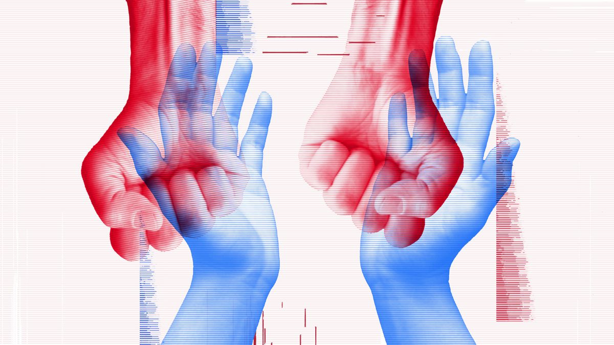 An illustration of open hands overlaid on closed fists 