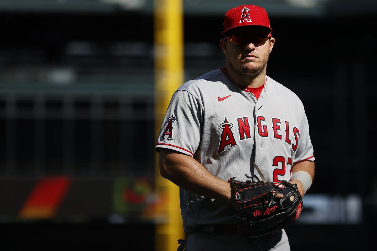 Mike Trout #27 of the Los Angeles Angels looks on during the game against the Seattle Mariners at T-Mobile Park on May 02, 2021 in Seattle, Washington.