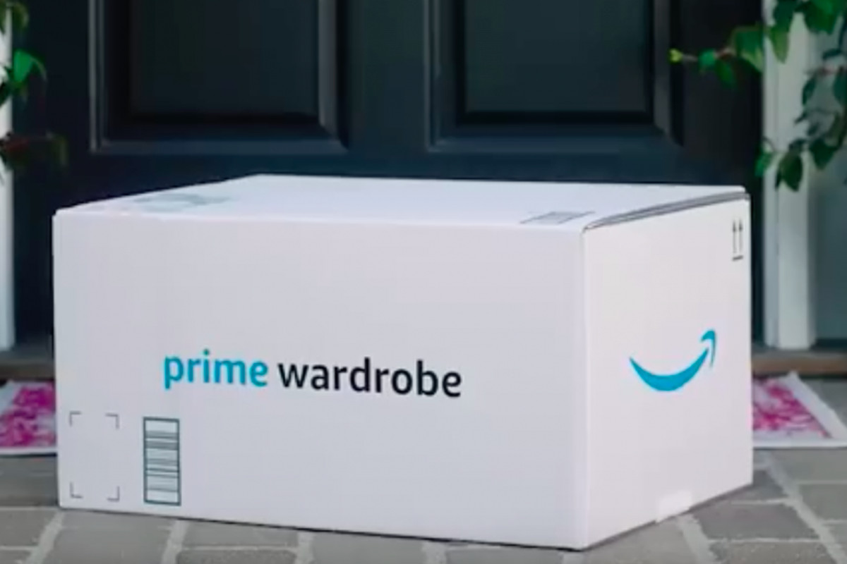 An Amazon Prime Wardrobe box sits on a customer’s doorstep.