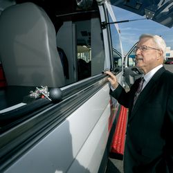 Bishop Dean M. Davies, first counselor in The Church of Jesus Christ of Latter-day Saints' Presiding Bishopric, looks at one of 10 new American Red Cross emergency response vehicles in Murray on Friday, Oct. 26, 2018. The church donated $1.5 million for the new vehicles.