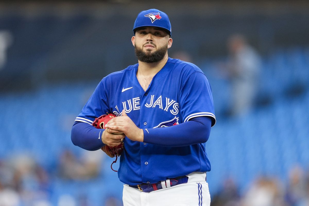 Alek Manoah of the Toronto Blue Jays looks on from the mound against the Houston Astros in the first inning during their MLB game at the Rogers Centre on June 5, 2023 in Toronto, Ontario, Canada.