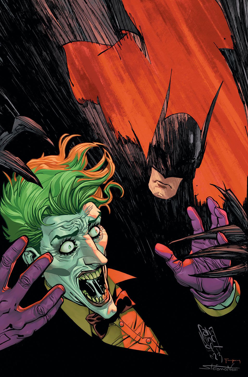 The Joker reels backwards screaming as a clawed Batman reaches for him. 