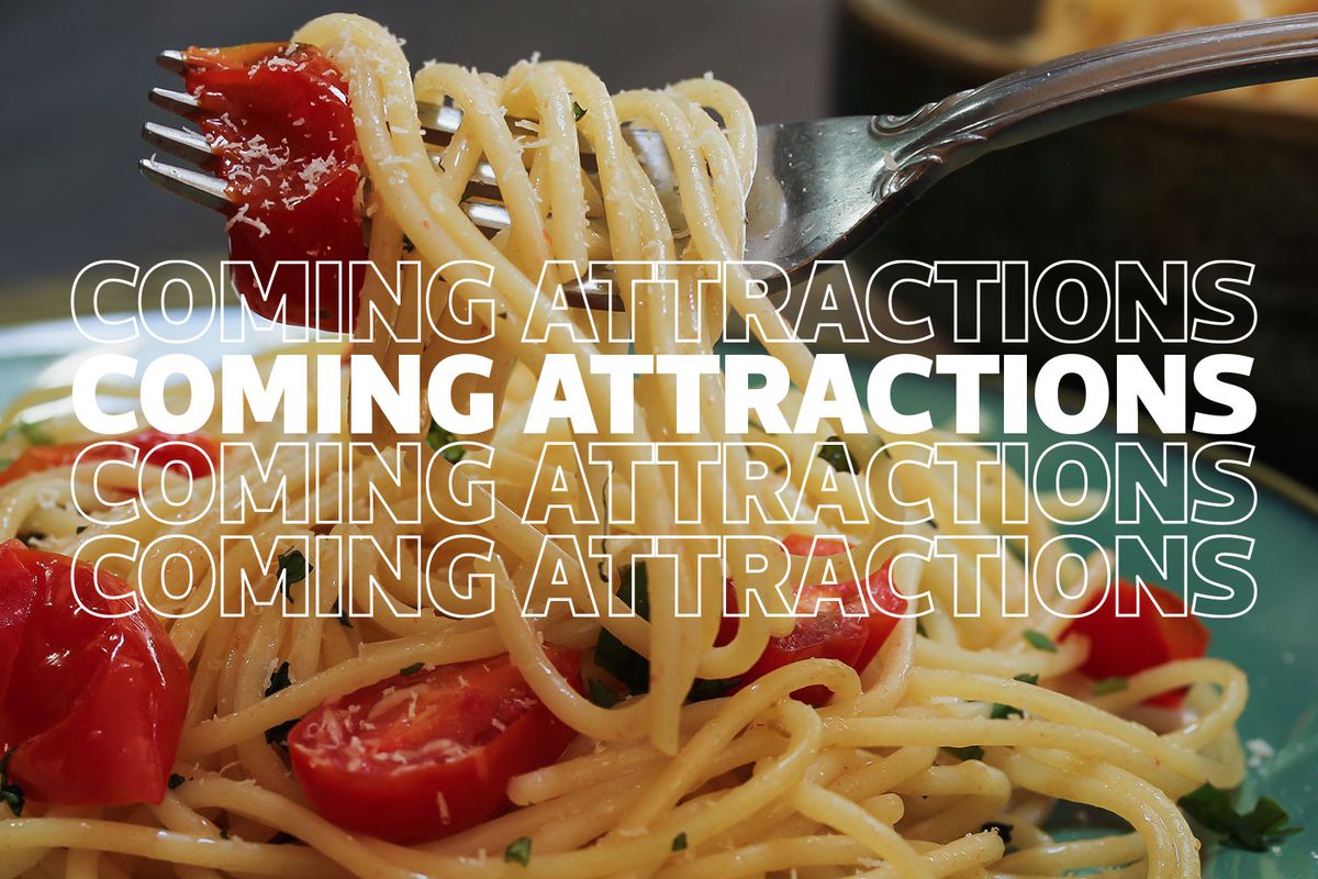 A close-up of a silver fork twirling strands of pasta underneath the text “Coming Attractions”