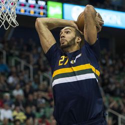Utah center Rudy Gobert (27) elevates to dunk during an NBA basketball game against Toronto in Salt Lake City on Friday, Dec. 23, 2016. Toronto took down Utah with a final score of 104-98.