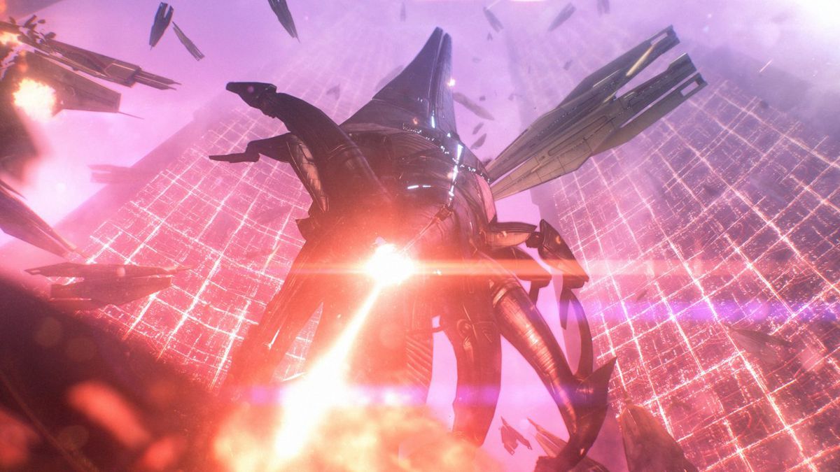 A Reaper descends during an attack in Mass Effect: Legendary Edition