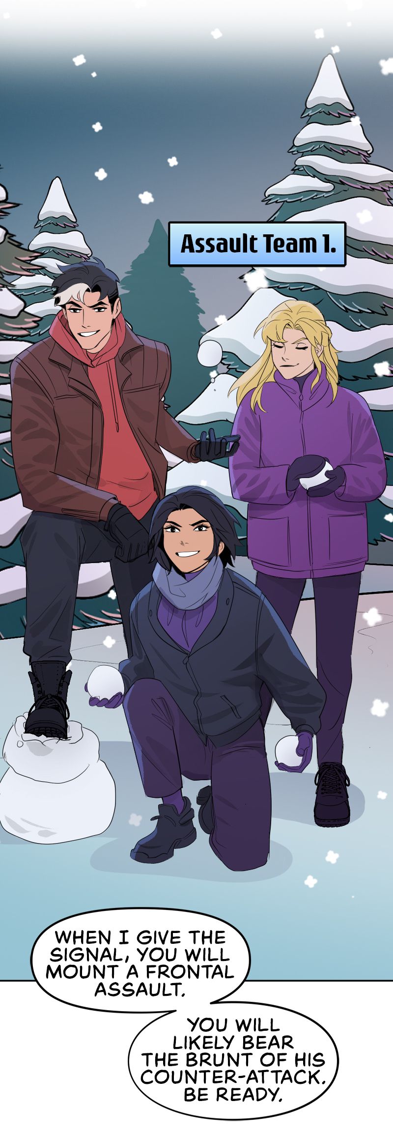 Tim Drake discusses snowball fight tactics with Red Hood, Stephanie Brown and Cassandra Cain in Batman: Wayne Family Adventures.