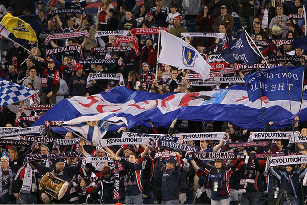 FOXBORO, MA - APRIL 10: Fans of New England Revolution show their support before a game between the New England Revolution and the Toronto FC at Gillette Stadium on April 10, 2010 in Foxboro, Massachusetts. (Photo by Jim Rogash/Getty Images)