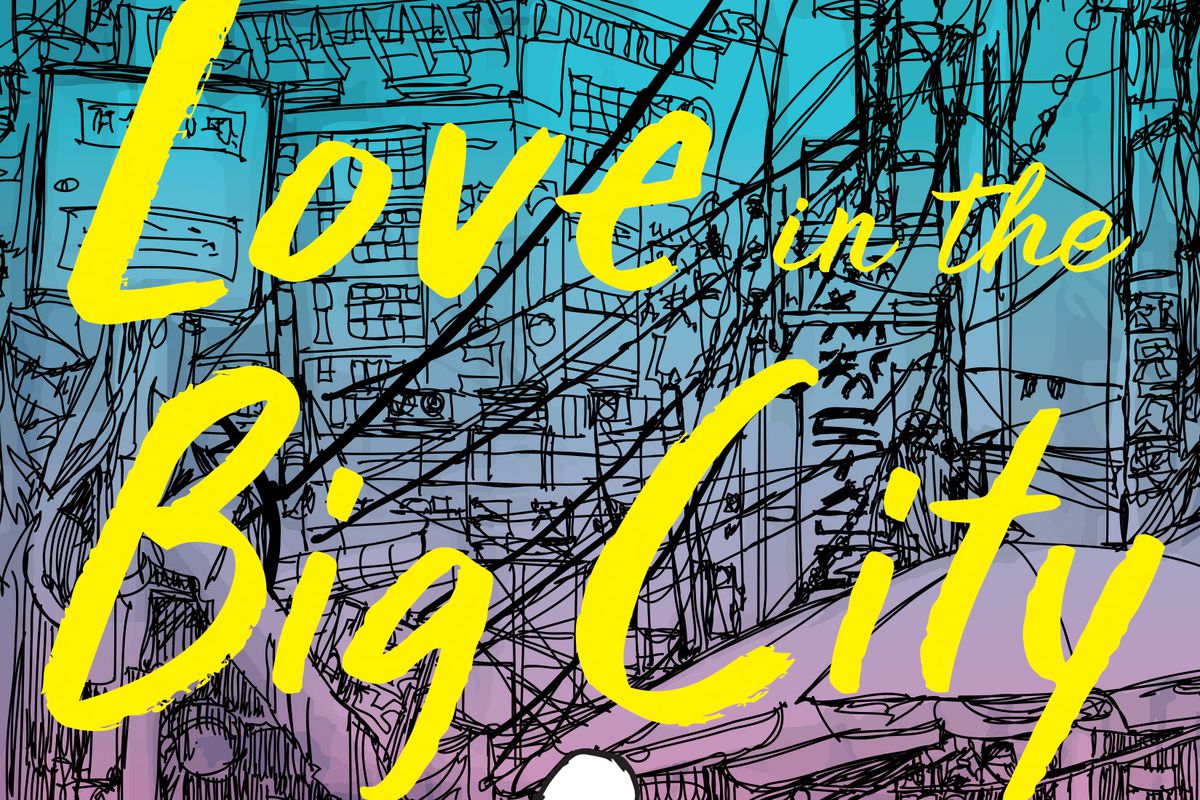 The ombre book cover of “Love in the Big City” changing from teal to bright pink, with its title in a bright yellow brush-stroke font. In the background, a line illustration of Seoul, and foregrounded, an illustrated white hand with blue on the thumb and red on the index figure. 