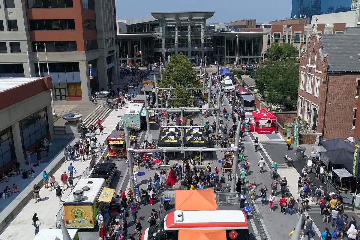 A drone view of the food carts at Gen Con in Indianapolis.