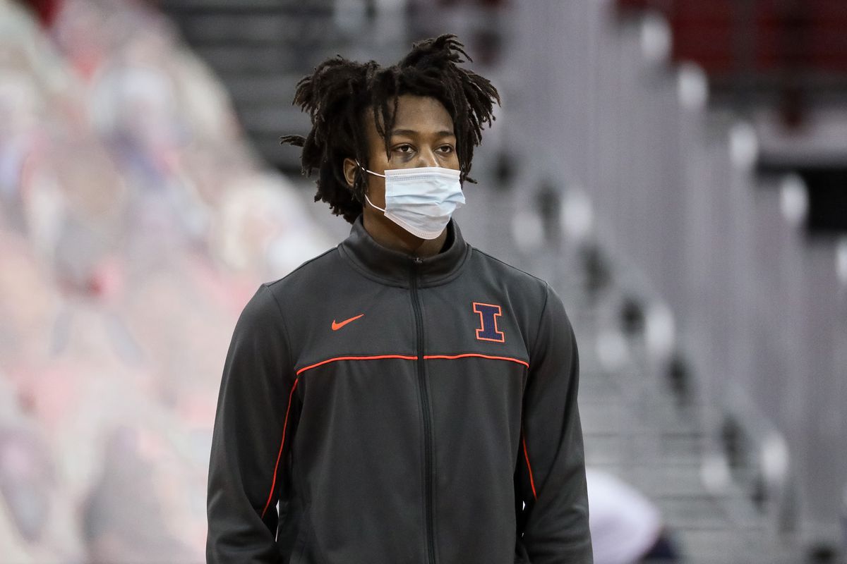 Ayo Dosunmu of the Illinois Fighting Illini looks on before the game against the Wisconsin Badgers at the Kohl Center on February 27, 2021 in Madison, Wisconsin.