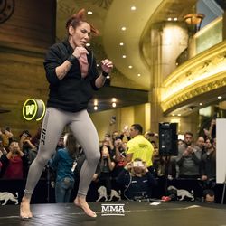 Cris Cyborg warms up at UFC 222 workouts.