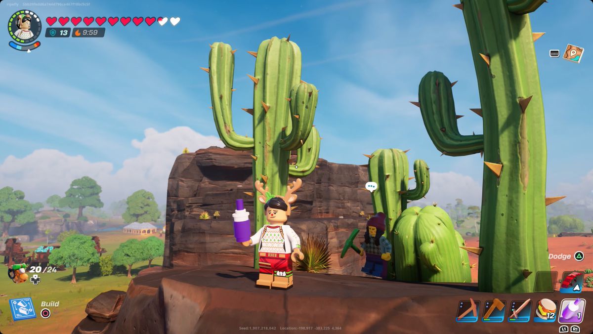 Lego Fortnite character in the desert with a snowberry shake