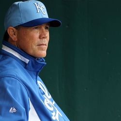 Manager Ned Yost #2 of the Kansas City Royals looks on from the dugout during the game against the Chicago White Sox on May 16, 2010 at Kauffman Stadium in Kansas City, Missouri.