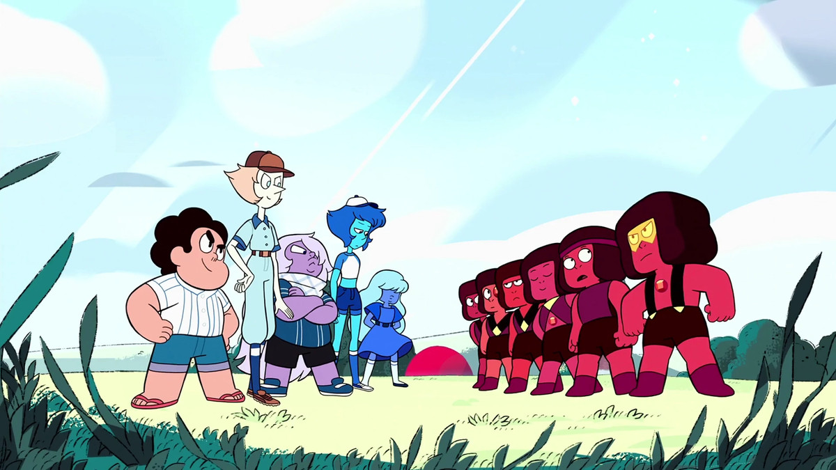 The Rubies face off against the Crystal Gems in the Steven Universe episode “Hit the Diamond.”