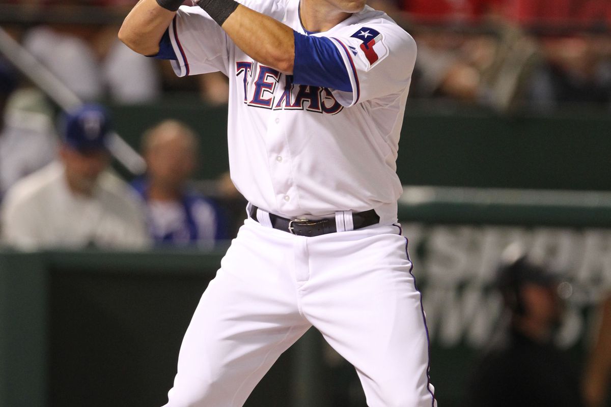 \Arlington, TX, USA; Texas Rangers rookie first baseman Mike Olt (9) at bat in the sixth inning against the Los Angeles Angels at Rangers Ballpark. This was the first game in the major leagues for Olt. Mandatory Credit: Matthew Emmons-US PRESSWIRE