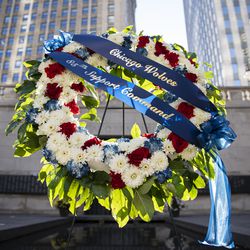 A wreath  dedicated by the Chicago Wolves and the Arlington Heights-based 85th Support Command to honor veterans at the Vietnam Veterans Memorial on the Chicago Riverwalk. 