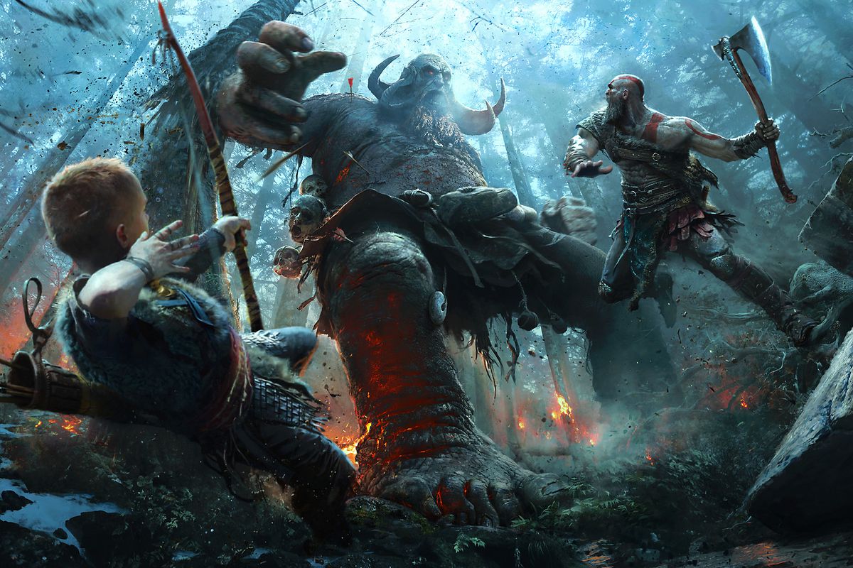 God of War - artwork of Kratos and Atreus fighting a troll