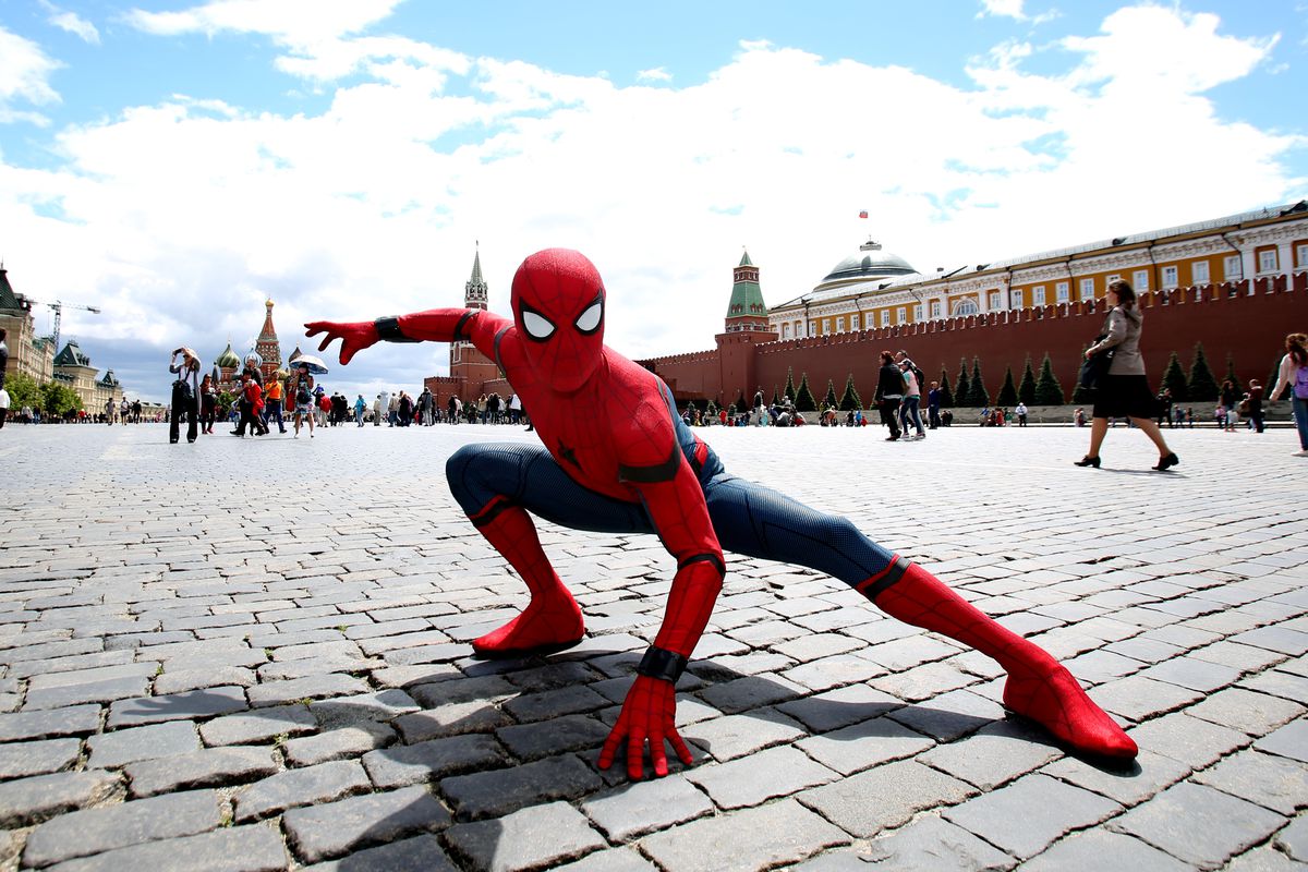 MOSCOW, RUSSIA - JUNE 21: Actor dressed in the authentic spider-man costume poses for a picture on the Red Square to support Spider-Man: Homecoming on June 21, 2017 in Moscow, Russia.