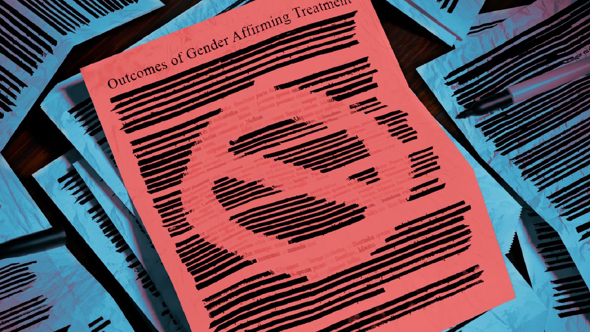A pile of papers with their text blacked out with a marker. The top of the pile is a red paper titled “outcomes of gender affirming treatment” with lines blacked out in a way that leaves negative space to form the line through circle “no” symbol.