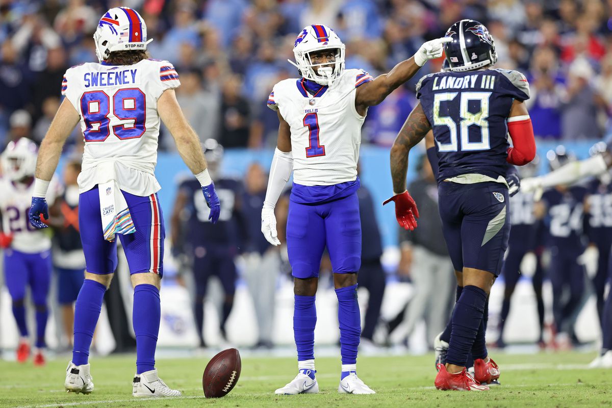 Wide receiver Emmanuel Sanders #1 of the Buffalo Bills celebrates a first down against the Tennessee Titans during the first half at Nissan Stadium on October 18, 2021 in Nashville, Tennessee.