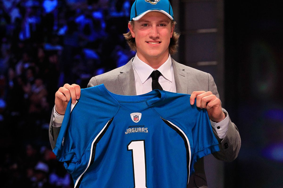 NEW YORK, NY - APRIL 28:  Blaine Gabbert, #11 overall pick by the Jacksonville Jaguars, holds up a jersey during the 2011 NFL Draft at Radio City Music Hall on April 28, 2011 in New York City.  (Photo by Chris Trotman/Getty Images)