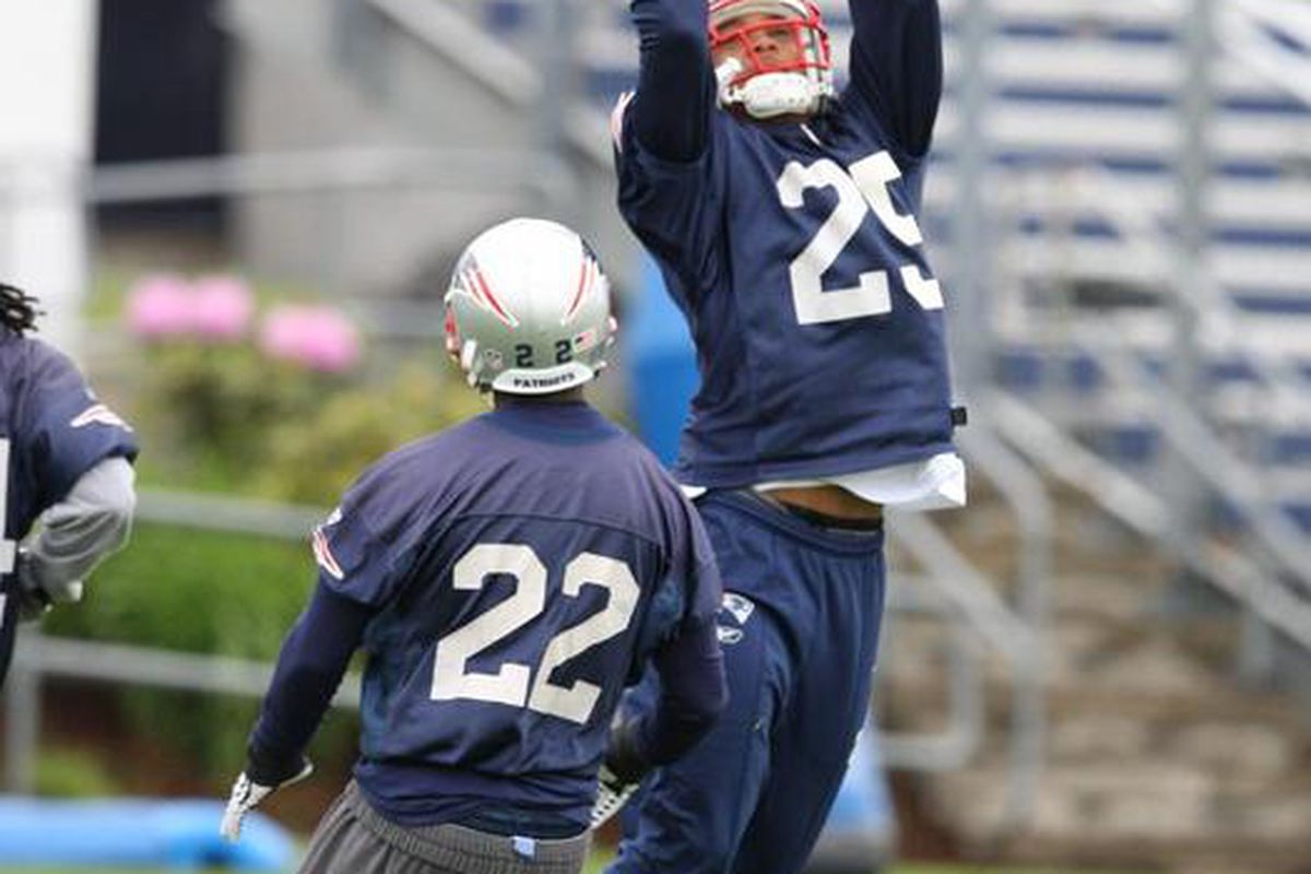 <em>Patriots safety Patrick Chung (25) leaps for an interception during an OTA practice on May 27, 2009 at Gillette Stadium.</em>
