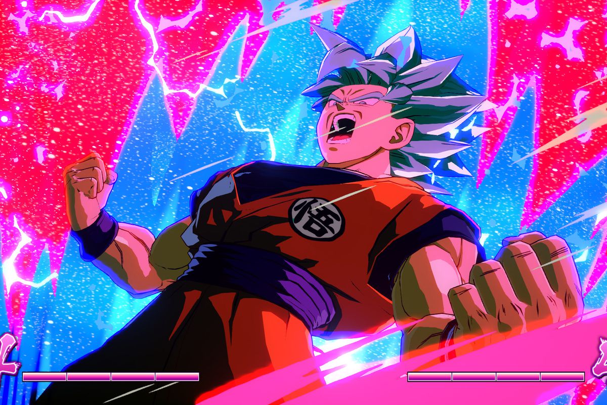 Goku goes Super Saiyan in a screenshot from Dragon Ball FighterZ