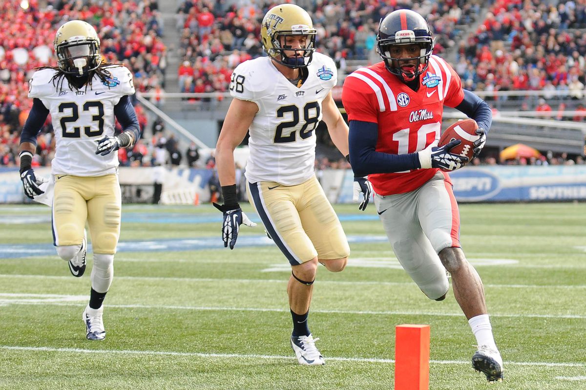 Rebel wideout Vincent Sanders trots into the endzone against Pitt in the BBVA Compass Bowl