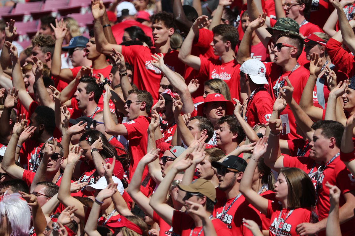 The Mighty Utah Student Section cheers as the Idaho State Bengals face a third down against the Utah Utes during NCAA football in Salt Lake City on Saturday, Sept. 14, 2019.