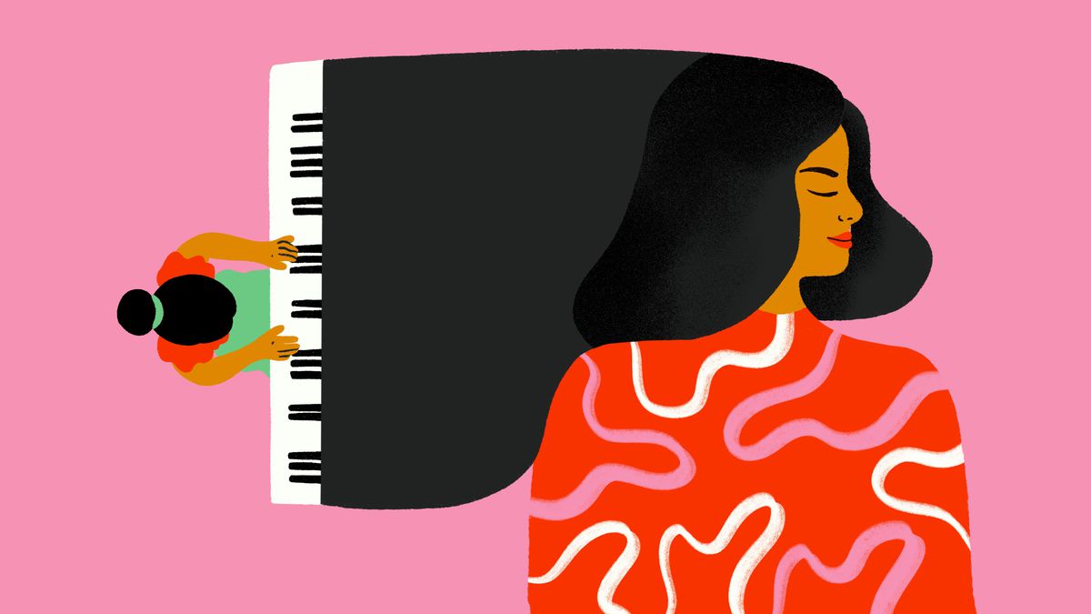 An illustration of a woman playing piano and a larger figure in repose.