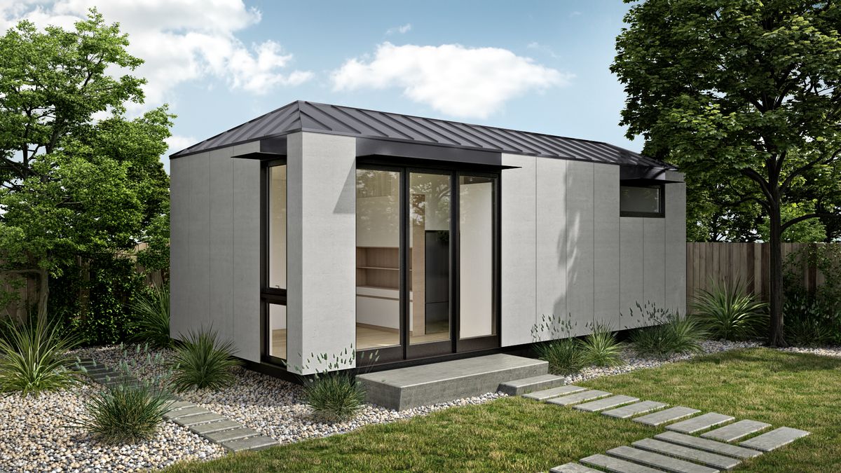 The new accessory dwelling unit from LivingHomes sits at 14.5 ft by 29.5 feet and packs in a bedroom, bathroom, kitchen and living room. A sliding glass door opens up to the backyard or lot where the home sits, and the unit’s exterior can be customized wi