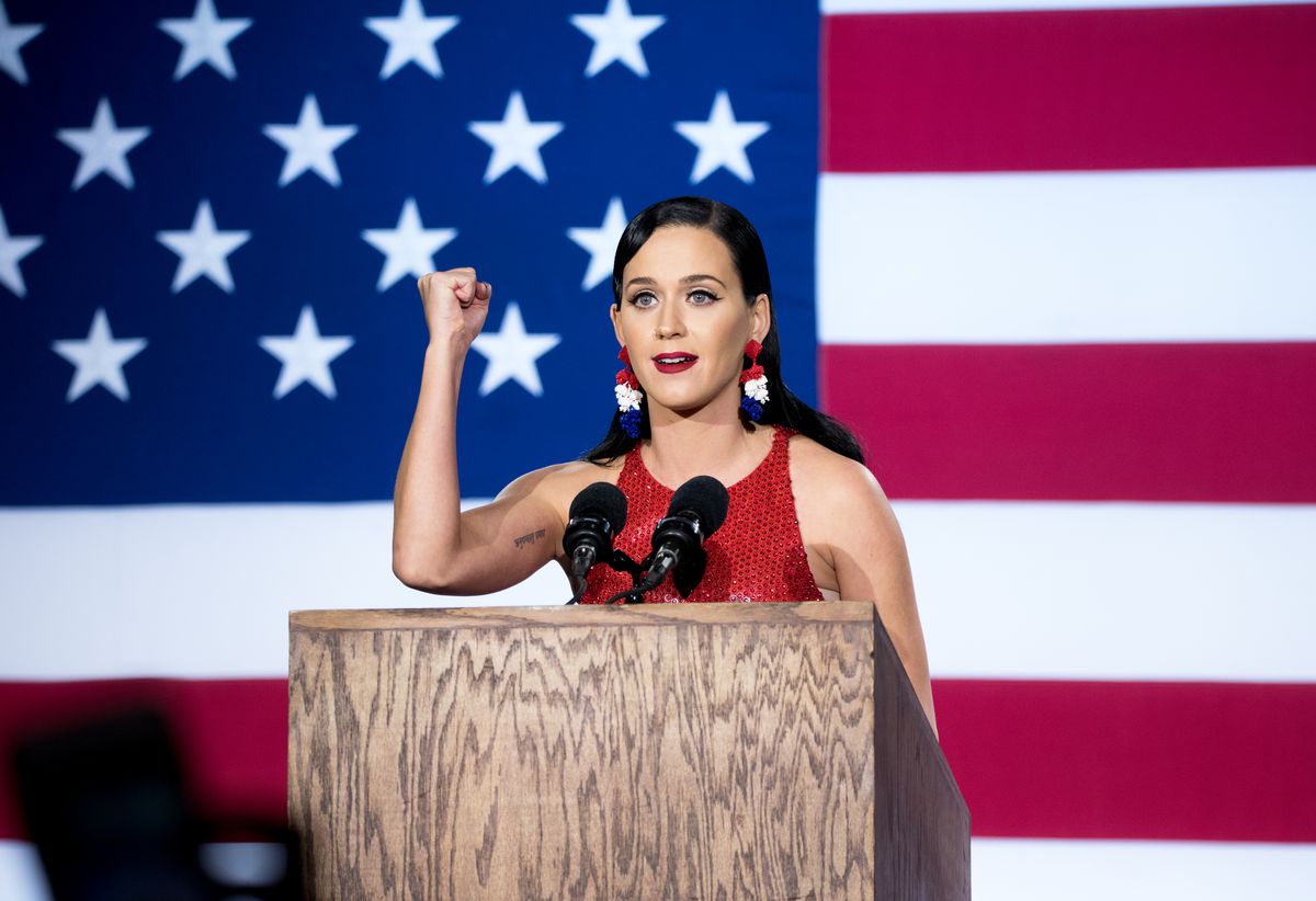Katy Perry speaks at a Hillary Clinton event
