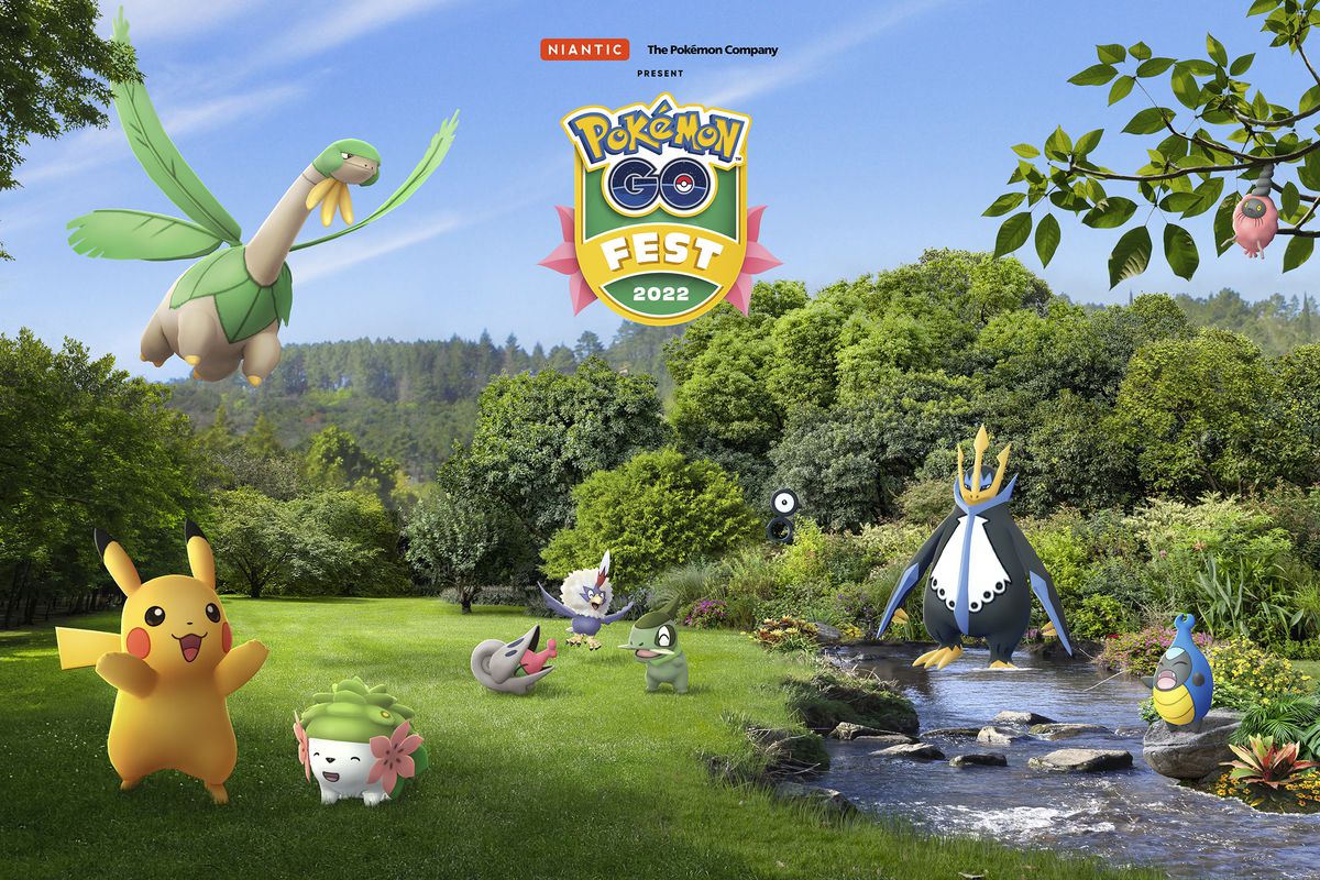 Artwork for Pokémon Go Fest 2022 featuring Tropius, Karrablast, Pikachu, Shaymin, and others