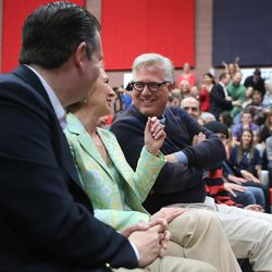 GOP presidential candidate and Texas Sen. Ted Cruz, left, former candidate Carly Fiornia and talk show host Glenn Beck talk after Fiornia's remarks during a rally in Draper at the American Preparatory Academy Saturday, March 19, 2016.