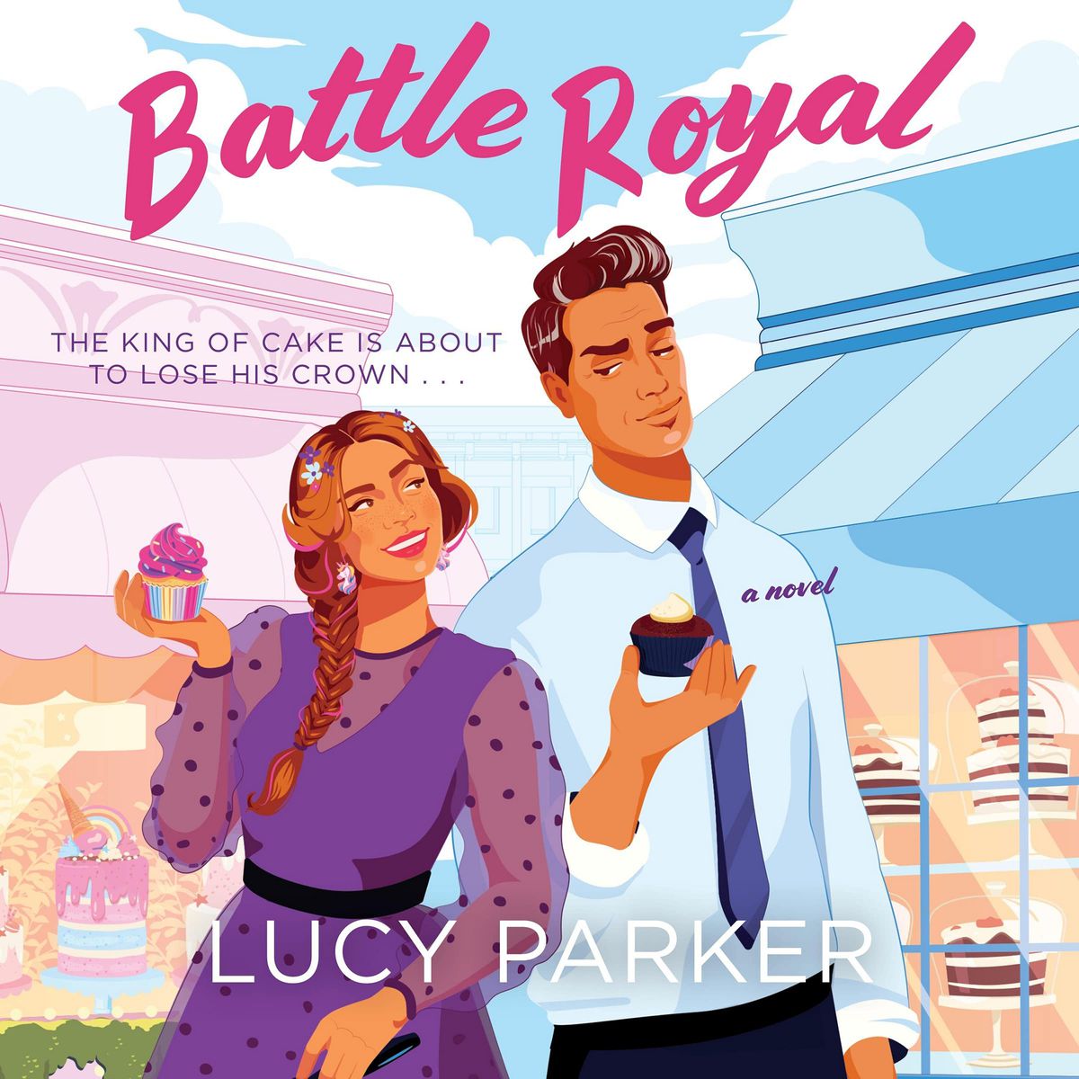 Cover art for Battle Royal, featuring a woman and a man holding cupcakes
