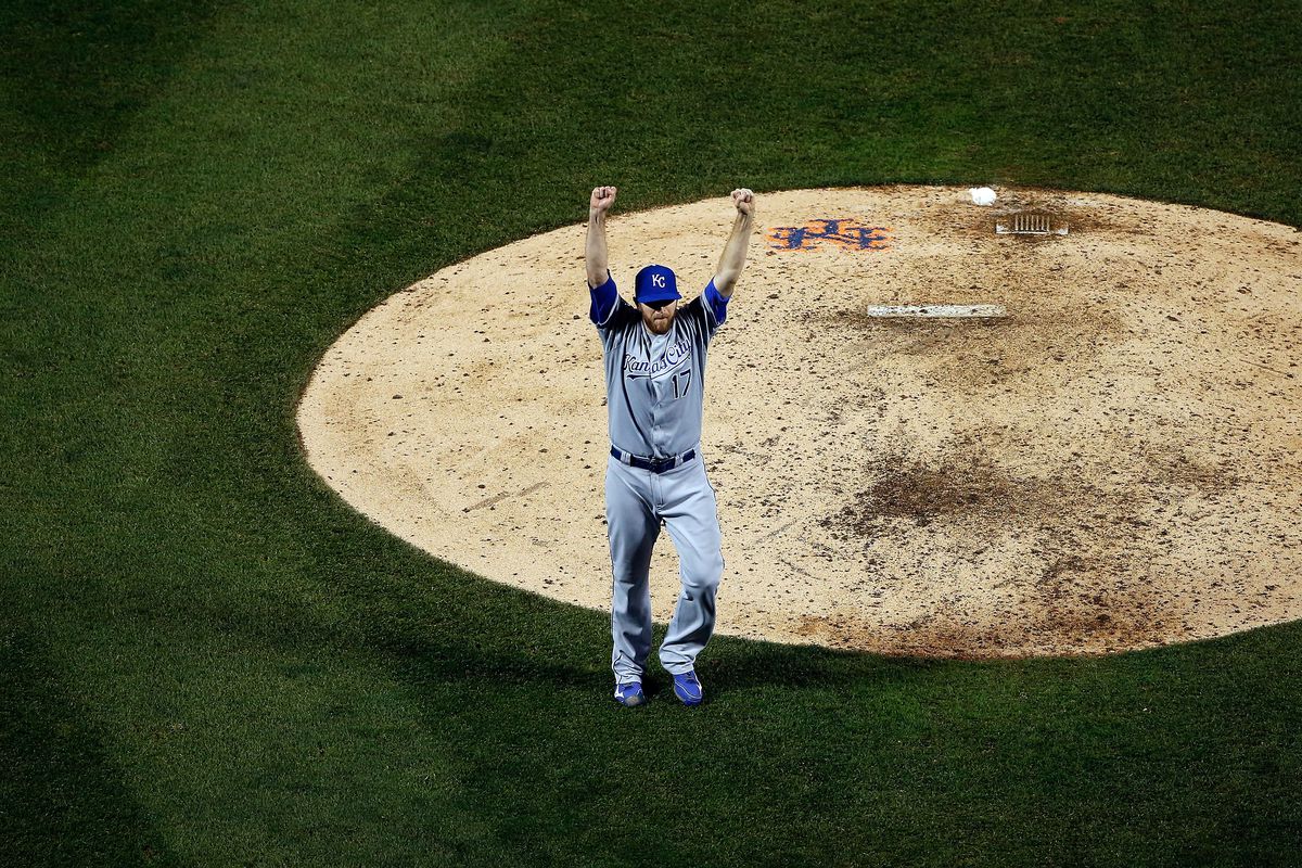 Wade Davis #17 of the Kansas City Royals celebrates defeating the New York Mets to win Game Five of the 2015 World Series at Citi Field on November 1, 2015 in the Flushing neighborhood of the Queens borough of New York City. The Kansas City Royals defeated the New York Mets with a score of 7 to 2 to win the World Series.