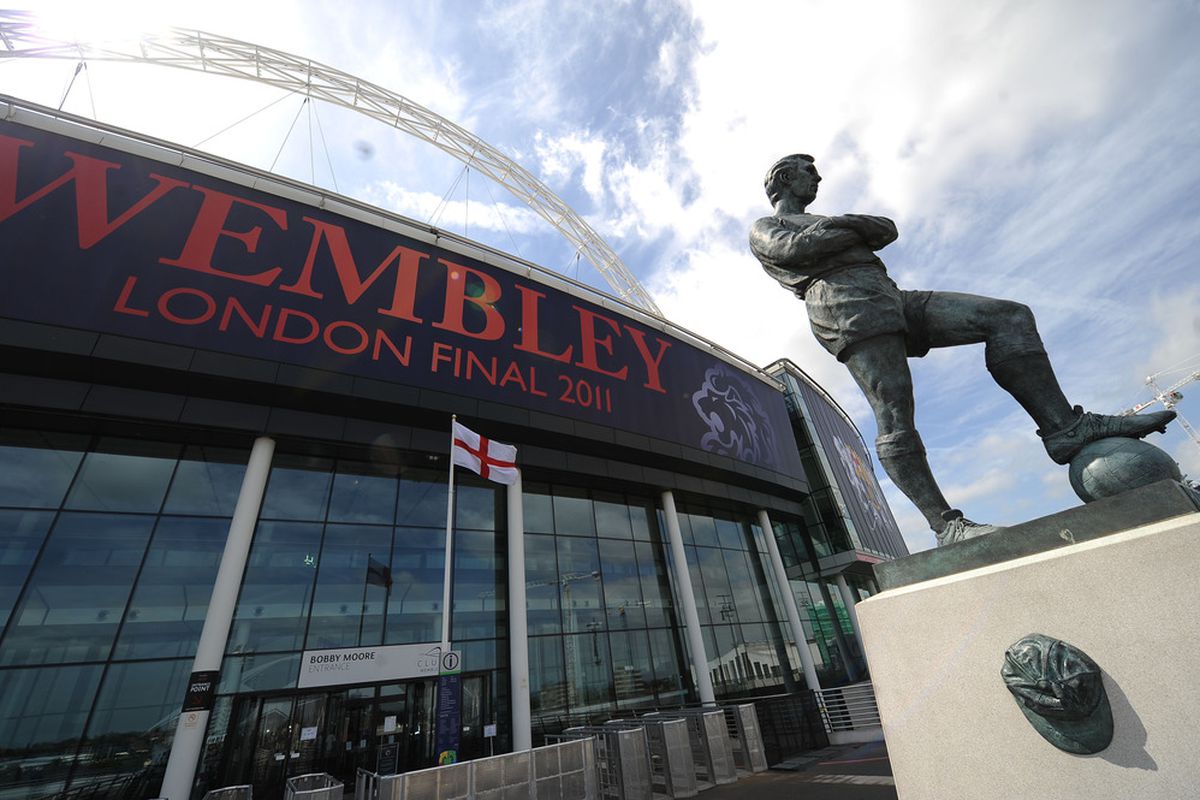 In this handout image provided by UEFA, the memorial statue to Bobby Moore is pictured at Wembley Stadium as preparations continue for the Champions League Final in London, England. (Photo by UEFA via Getty Images)