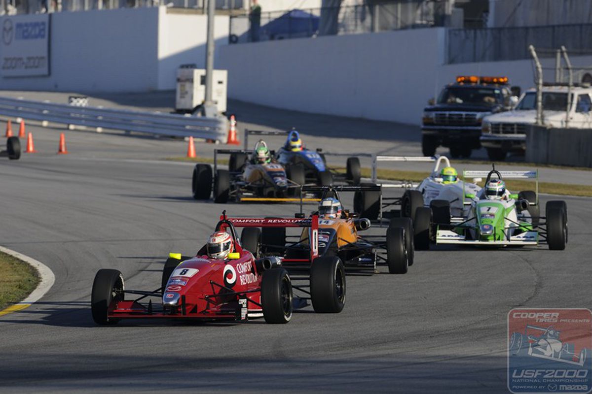Sage Karam (8) leads a pack of USF2000 drivers at Road Atlanta. Karam, the 2010 USF2000 champion for Andretti Autosport, will compete in Star Mazda for the team in 2011. (Photo: USF2000)