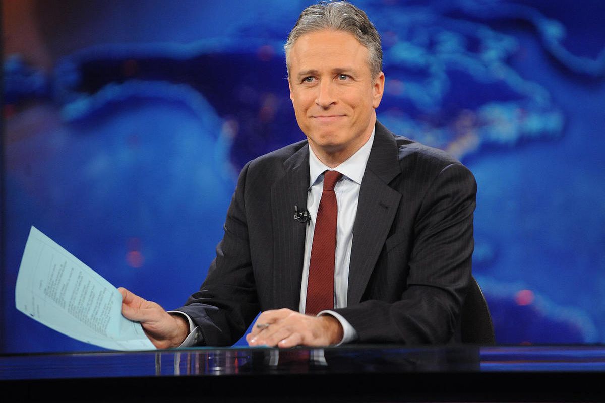 This Nov. 30, 2011 file photo shows television host Jon Stewart during a taping of "The Daily Show with Jon Stewart" in New York. Comedy Central announced Tuesday, Feb. 10, 2015, that Stewart will will leave "The Daily Show" later this year.