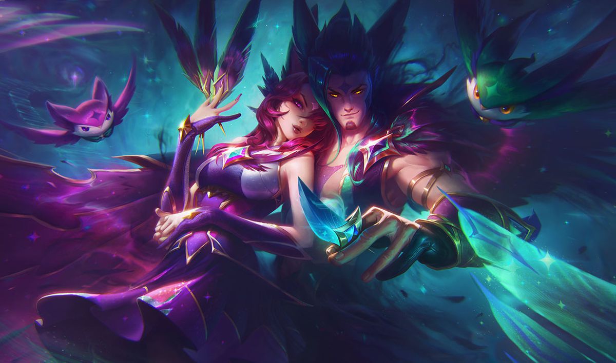 Star Guardian Xayah and Rakan snuggle up close to each other while menacingly holding out their signature feathers