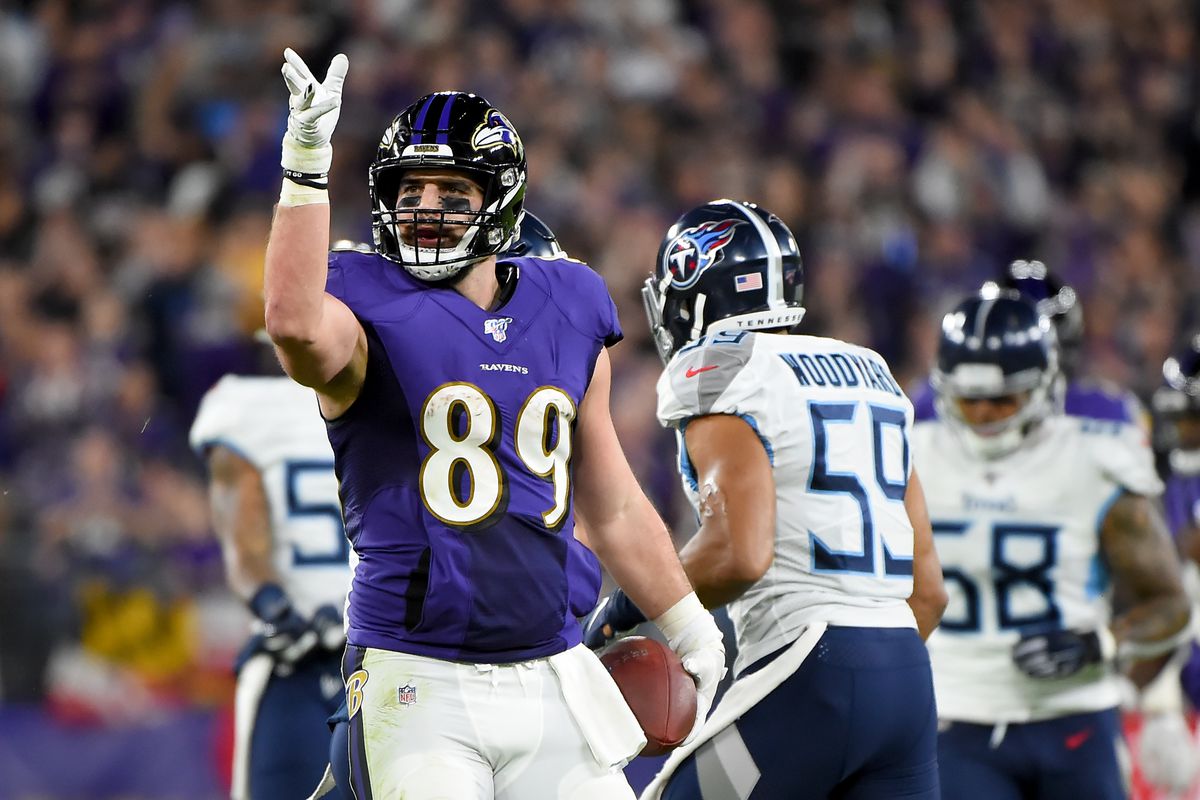 Mark Andrews #89 of the Baltimore Ravens celebrates after a play against the Tennessee Titans during the AFC Divisional Playoff game at M&amp;T Bank Stadium on January 11, 2020 in Baltimore, Maryland.