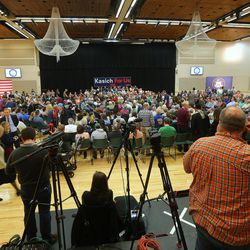 Media and supporters gather in the Grande Ballroom to listen to Ohio Gov. John Kasich as he holds a Town Hall meeting at Utah Valley University, Friday, March 18, 2016.