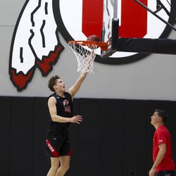 Utah’s Mikael Jantunen gets to the basket as the University of Utah men’s basketball program begins official practices at the Jon M. and Karen Huntsman Basketball Facility in Salt Lake City on Wednesday, Sept. 25, 2019.
