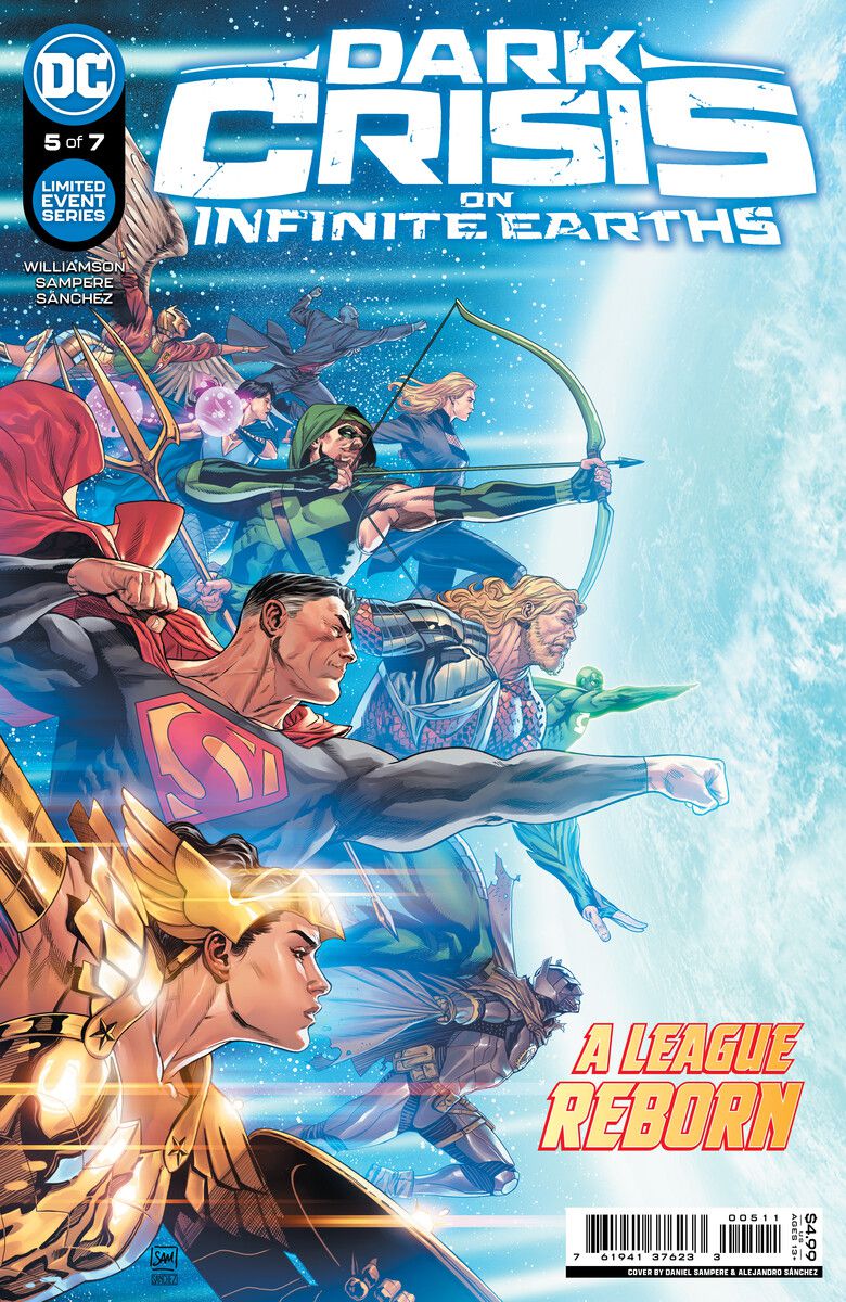The Justice League flies together toward a glowing earth-like world with the text “A League Reborn” on the cover